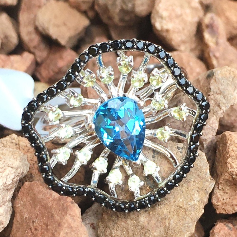 Swiss Blue Topaz .925 Cocktail Ring Peridot Black Spinel Sterling Silver Genuine - Picture 3 of 15